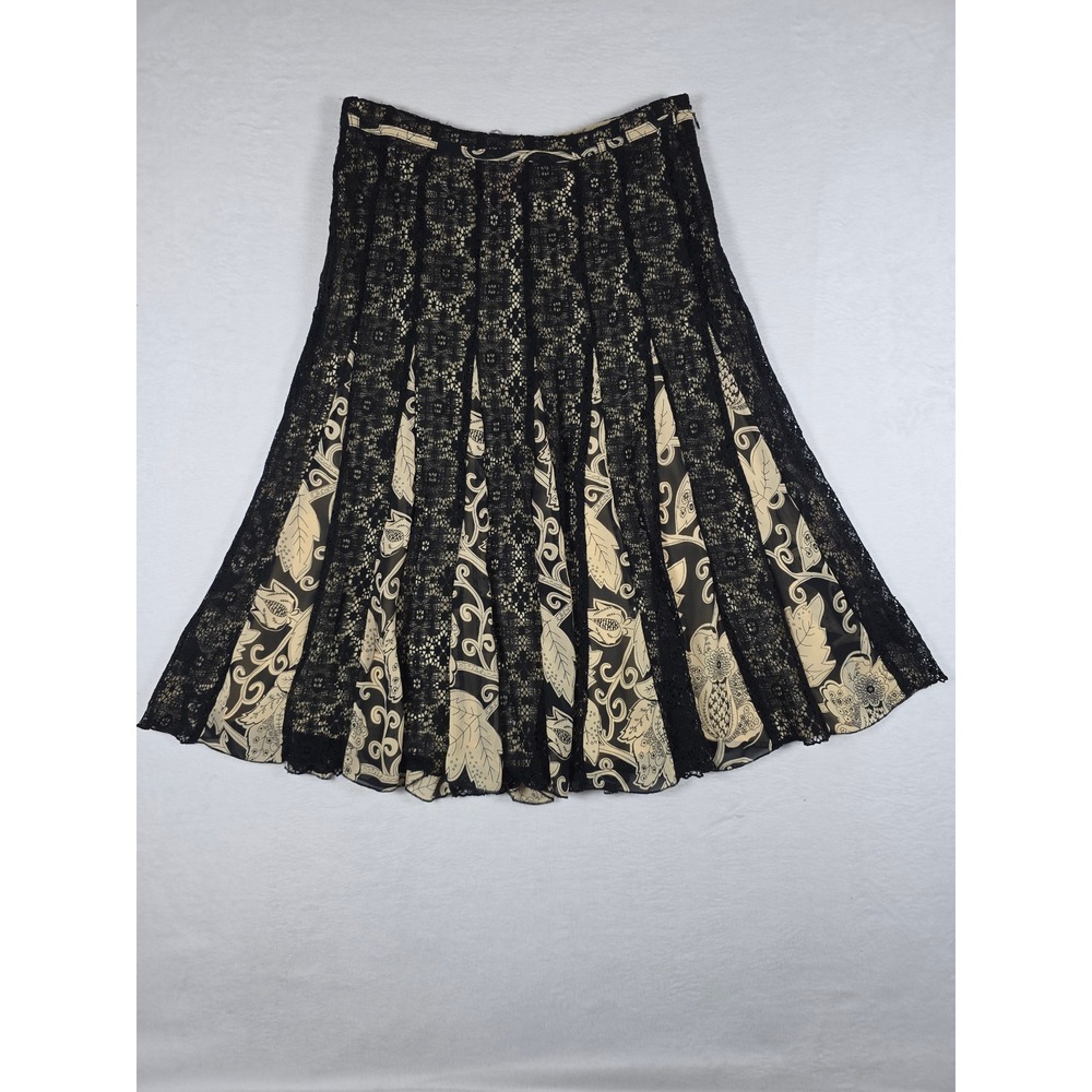 Vintage Y2K Bandolino Lace Paneled Floral Midi Skirt Size 4 Black Tan Whimsigoth